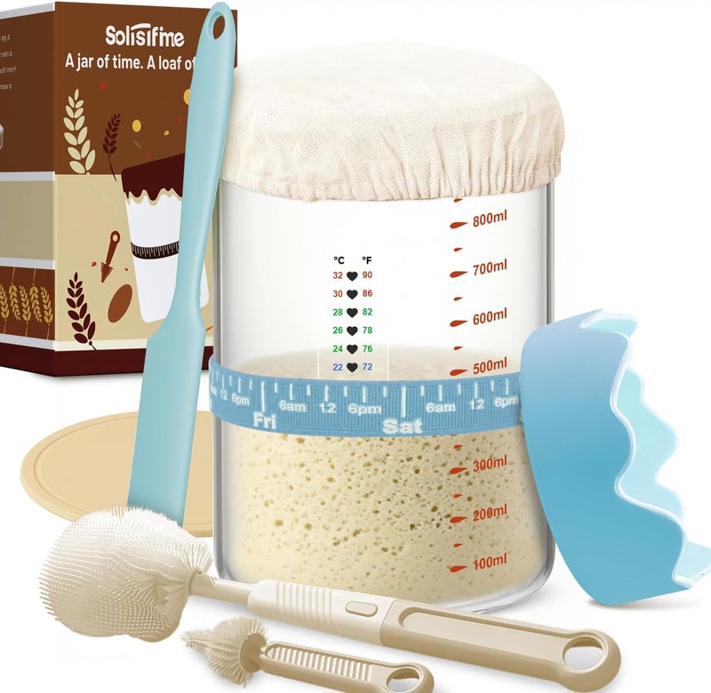 Solisifime Pro Sourdough Starter 10-In-1 Kit – 34 Oz Glass Jar With Lid, Cloth Cover, Date Band, Brush, Temp Strip, Silicone Spatula, Heating Mat – Sourdough Bread Baking Supplies, Glass Container, Blue - Image 1